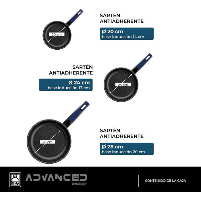 BRA Advanced | Set of 3 non-stick frying pans made of cast aluminum, 20|24|28 cm, PFOA-free, reinforced, excellent performance and scratch resistance, suitable for induction. Frying Pan Set (20-24-28 cm)