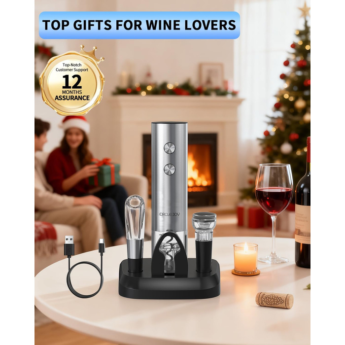 Електричний відкривачка вин CIRCLE JOY 6-в-1 з зарядною станцією, набір з нержавіючої сталі, з різаком фольги, аератором та 2 вакуумними закривачами