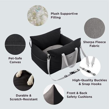 Pet Car Seat for Small Dogs - Waterproof and Washable Dog Car Seat with Storage Pockets, Detachable Safety Leash, and Thickened Memory Foam Filling, 58x56x33cm, (Black)
