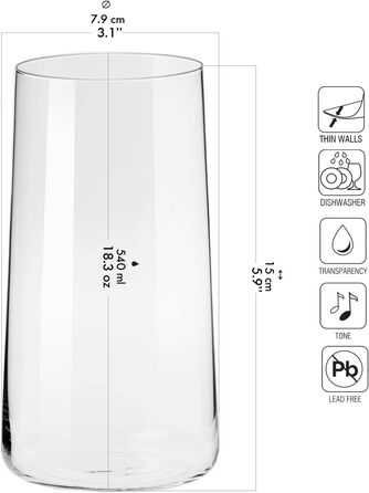 Krosno Highball Juice Glass, 540 ml, Avantgarde Collection, perfect for home, restaurants, parties, dishwasher-safe, 6 pieces