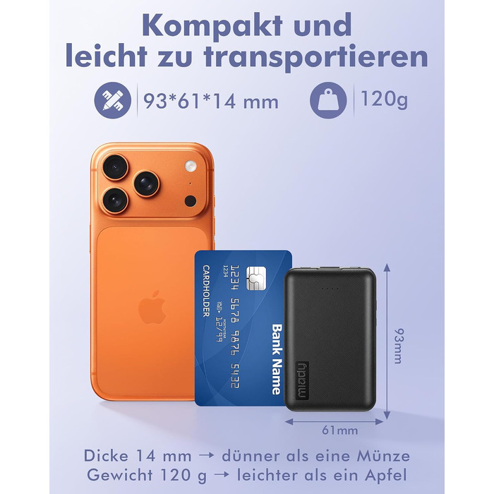 Міні-павербанк Miady 5000mAh 18.5W з USB-C портом для iPhone, Samsung, iPad, чорно-білий