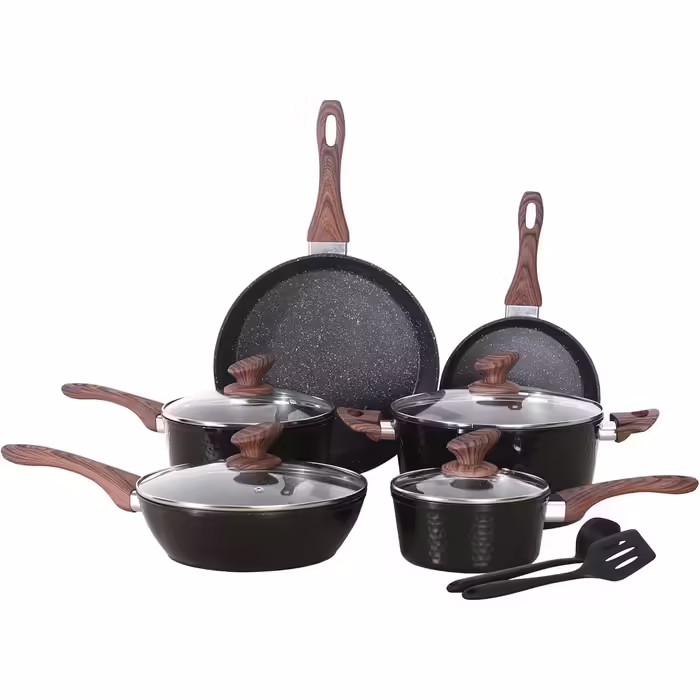 DishDelight Induction Cookware Set - 12-Piece Cookware Set with Granite Coating and Glass Lids, Induction Compatible, Non-Stick Aluminum Pots and Pans in Black
