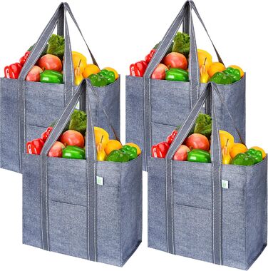 VENO 34 Liter Large Shopping Bag Foldable with Sturdy Bottom and Front Pocket, Reusable Shopping Bags Water-Resistant Tote Bag Shopping Basket for Shopping, Picnic (Gray, 4-Pack)