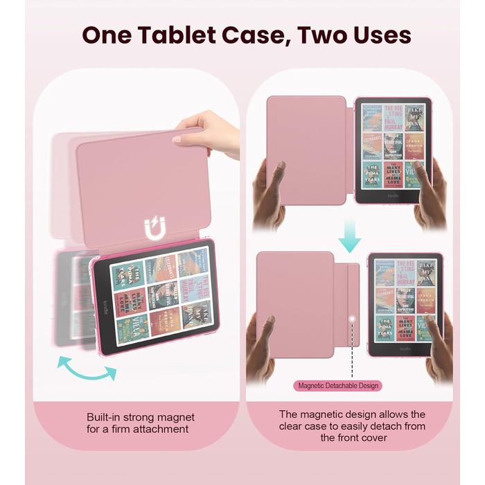 Чохол для Kindle Paperwhite 12 (2024) та Kindle Colorsoft (2024/2025) MoKo з магнітною застібкою, прозорий, захист від подряпин, авто-вкл/викл, колір: весняне рожевий