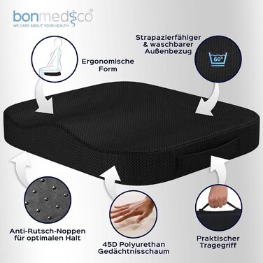 bonmedico Seat Cushion - Orthopedic - Ergonomic Memory Foam Cushion for Office Chair, Car, Wheelchair Cushion or Booster Seat for Adults - Wellness Black