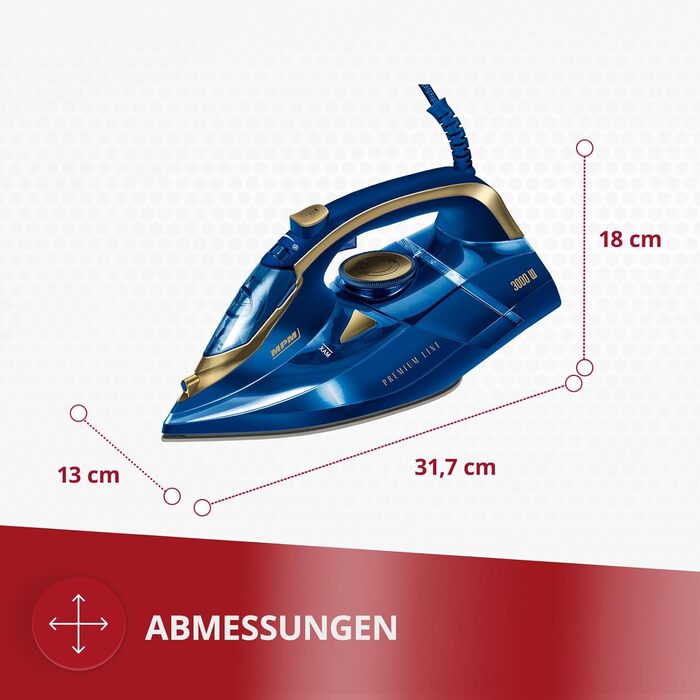 Праска MPM MZE-24/G з керамічною підошвою, 3000 Вт, 190 г/хв, 300 мл, вертикальне прасування, автовимкнення, блакитна