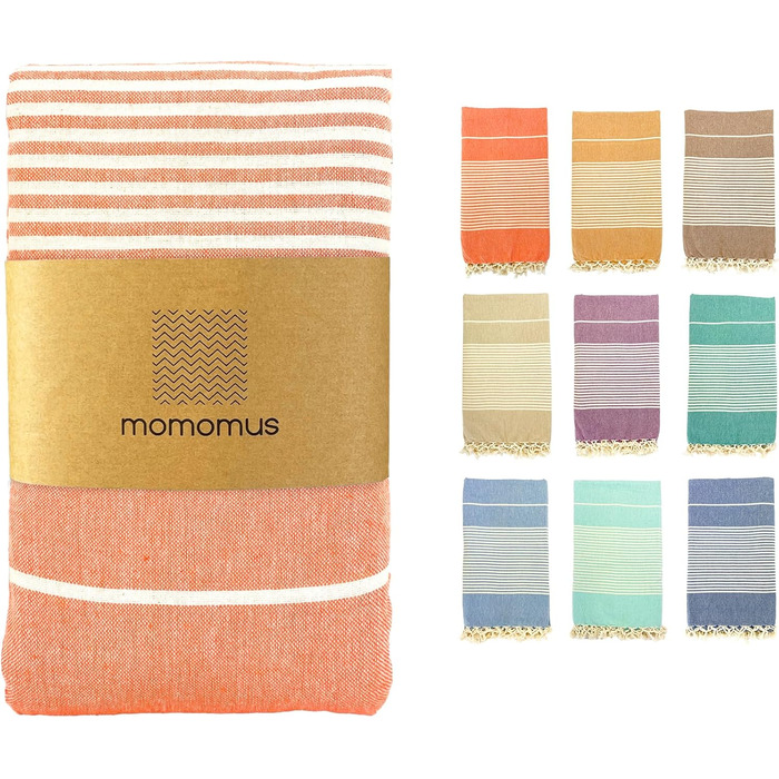 Великий пляжний рушник MOMOMUS Fouta XXL з бахромою, 200x200 см, бавовна, лососевий колір