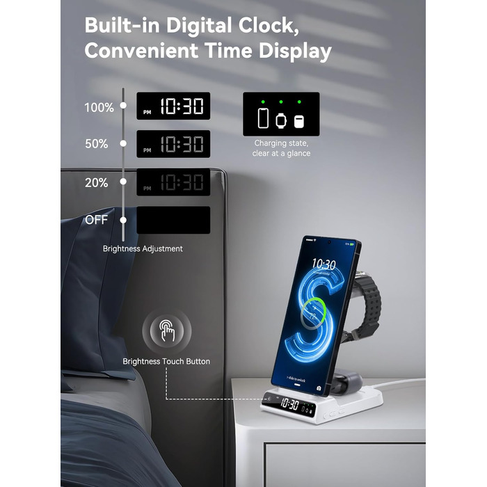 Бездротовий зарядний пристрій 3-в-1 для Samsung Galaxy S25 Ultra, Watch 8/7/Ultra, Buds, з цифровим годинником
