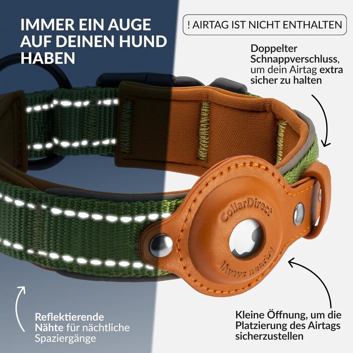 Нашийник для Apple AirTag з відбиваючим матеріалом, CollarDirect, для собак великих, середніх та малих порід, зелений, розмір L (42-51 см)