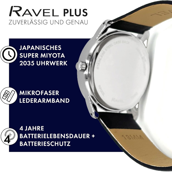 Годинник Ravel Plus - Екстра Довге Життя, Унісекс, для Щоденного Використання з Ремінком з Мікрофібри - Аналоговий Кварц (Японський) (Корпус 34 мм, Чорний / Сріблястий / Чорне Циферблат)