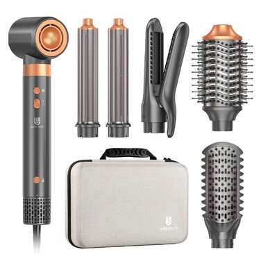 Webeauty Airstyler 7-в-1: фен-щітка, плойка, випрямляч, 110000 об/хв, 25 м/с, 500 млн негативних іонів, сірий золотий