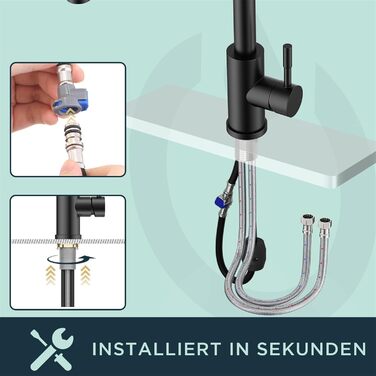 Кран FORIOUS для кухні з висувною лійкою, душовою насадкою, поворотний на 360°, 2 режими розпилення, матовий чорний