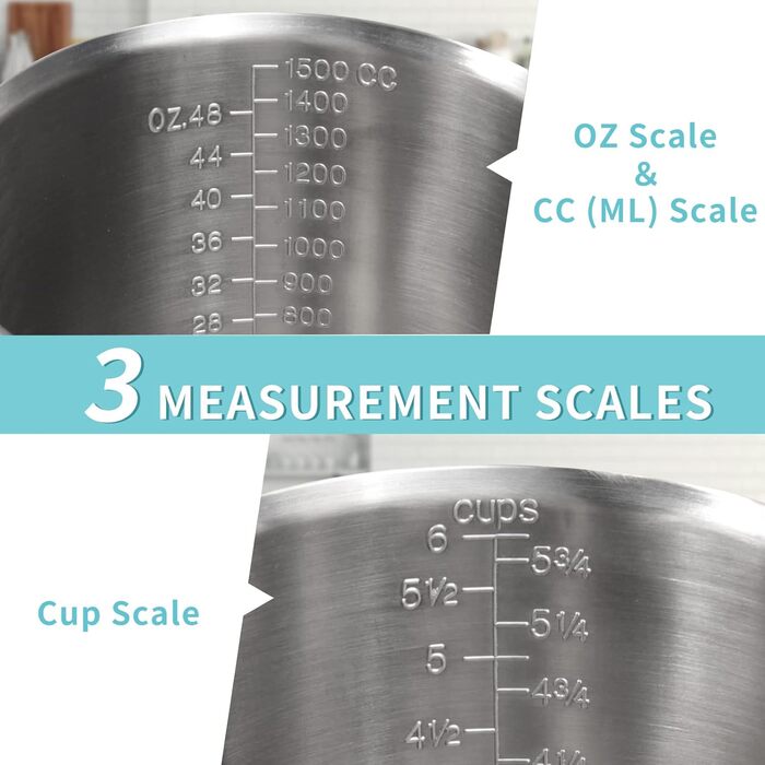 Newness Focus on stainless steel measuring cups, 1500 ml stainless steel measuring cup, improved, 3 types of markings, including ml, oz, and cup, stainless steel milk frothing cup with markings and handle