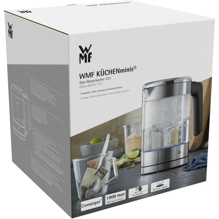 WMF Kitchenminis Kettle Glass 1 Liter, Cordless Small Kettle, Water Level Indicator, Scale Filter, Automatic Shut-Off, 1900 Watts, Cromargan Matt Single