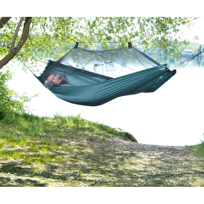 AMAZONAS Ultra-Light Hammock Mosquito Traveller 450 g 220cm x 140cm Packed size 22.5 x 9cm up to 150kg (Green, Bundle with T-Strap Hanging Set)
