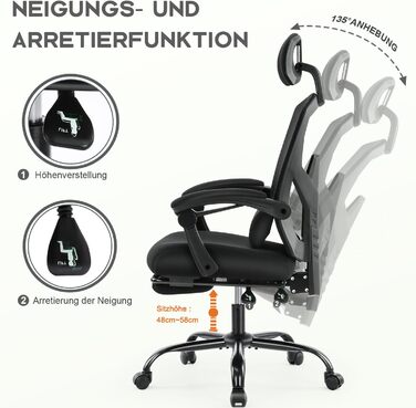 Офісне крісло DUMOS Ergonomisch C-3509 чорного кольору - ергономічне крісло з комфортними підлокітниками, підтримкою попереку та підставкою для ніг, для дому та офісу (26 x 39 x 50.75 inches)