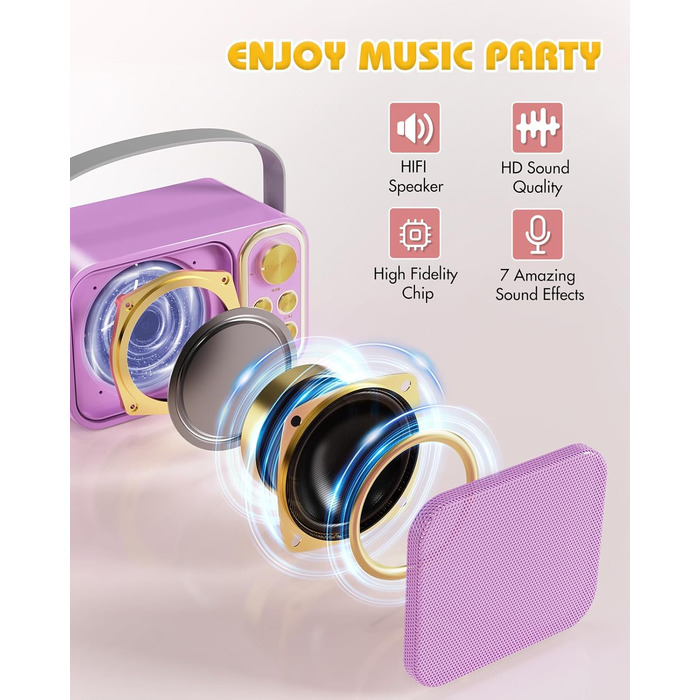 Караоке машина з 2 мікрофонами, портативна Bluetooth колонка для дітей та дорослих, 7 голосових ефектів, ідеальна для вечірок та днів народження (фіолетовий)