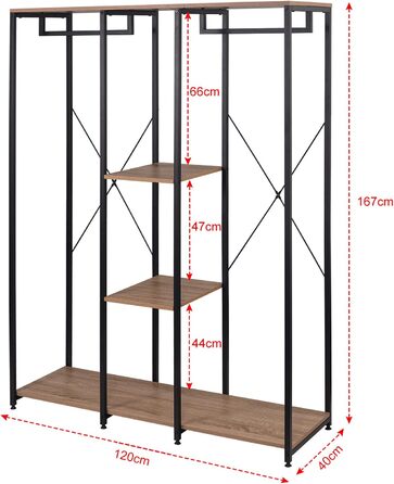 Clothes Rack Coat Rack, Open Wardrobe for Bedroom, Laundry Rack Hanging Shelf with Storage, Wood Steel, Black+Light Oak