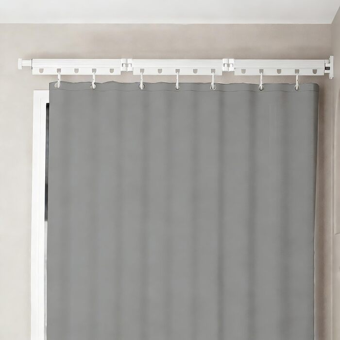 Шторка для душу з розсувною штангою без свердління, 4 секції, обертається, алюмінієвий сплав, 180x200 см, водовідштовхувальна, антигрибкова, для ванни/душової кабіни, білий/сірий (H9 x B37.5 см, 1 шт.)