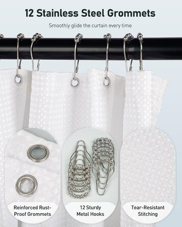 Шторка для душу Uniclife, біла, 180x180 см, вафельна текстура, водовідштовхувальна, 100% поліестер, з 12 нержавіючих люверсів, з 12 металевими гачками та обтяженим краєм