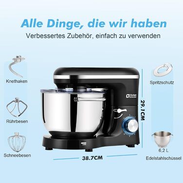 Кухонна машина Küchenmaschine 6.2 л, 1400 Вт, 6 швидкостей, з набором насадок (міксер, гак для тіста, вінчик), чорний колір