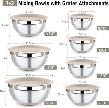 Набір місок для перемішування BEWOS 7 шт. з кришкою, нержавіюча сталь, набір місок з терткою, вкладна конструкція, колір хакі, протиковзкі дна, об'єм 0.5, 1, 1.4, 1.85, 2.35, 3.2, 4 л для змішування та подачі