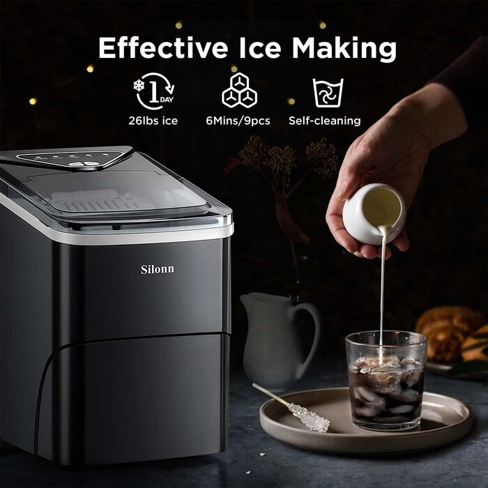 Silonn Ice Maker - Compact Ice Cube Machine for Kitchen, Bar, Office & Party - 2 Sizes, 12KG/24H, Self-Cleaning, Black