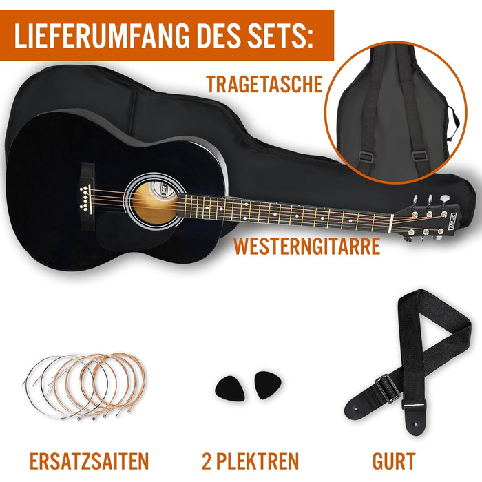 3rd Avenue акустична гітара 4/4 (Western) з металевими струнами, для початківців - 6 місяців безкоштовних уроків, чохол, медіатори та запасні струни – чорного кольору