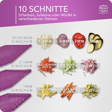 Набір Börner Gemüsehobel V5 (Profi Set): професійний набір для нарізки овочів з регульованим V-подібним ножем, 7-частинний, з 10 видами нарізки, з нержавіючої сталі, з док-станцією, фіолетовий (стартовий набір)