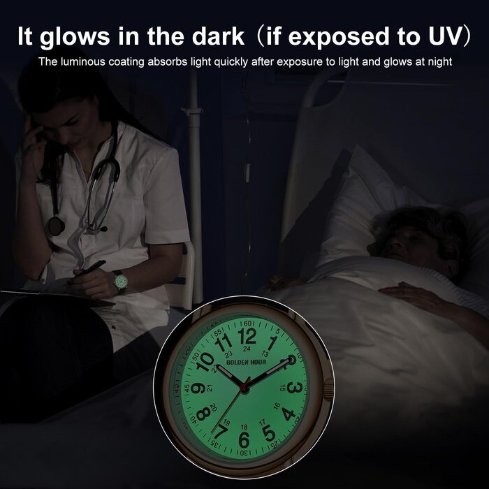 Водонепроникні годинники для медсестер GOLDEN HOUR: годинник для медичних працівників, студентів, жінок та чоловіків. Світлодіодне підсвічування, 24 години, секундомір, силіконовий ремінець (рожеве золото/білий/чорний)