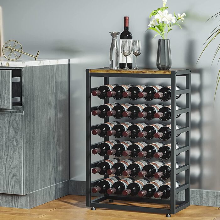 Dripex Wine Rack for 30 Bottles, Bottle Shelf with 6 Tiers, Vintage Metal Wine Stand for Cellar, Bar, and Storage Room, Bottle Holder with Tabletop 59 x 30 x 88 cm, Vintage Brown-Black