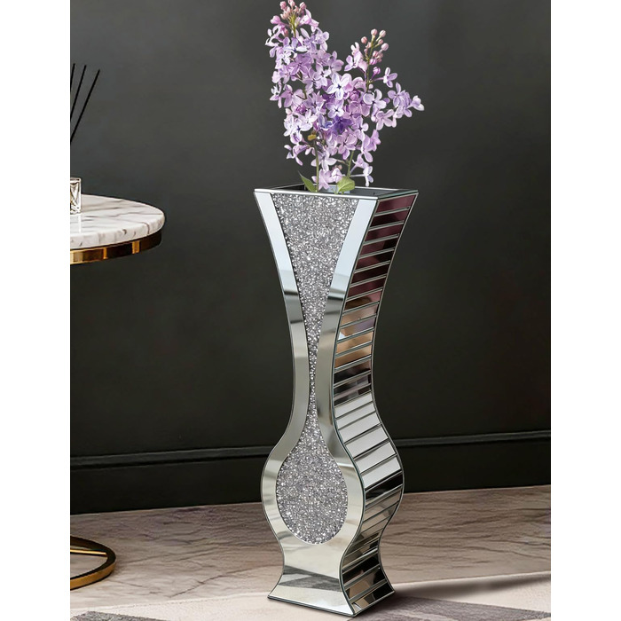 Ваза для квітів велика 68 см, підлогова ваза: срібна ваза з кристалами для пампас трави, скляна ваза з дзеркальним покриттям, декоративна ваза з блискітками для вітальні, декор інтер'єру – не для води (21.5L x 13B x 68.5H cm)