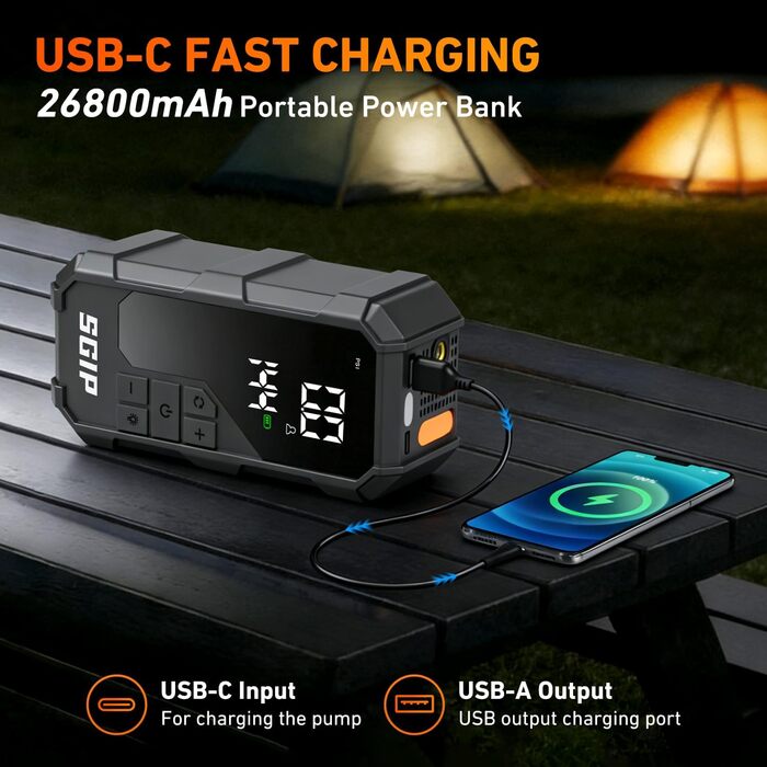 Пускозарядний пристрій для авто 7000A з компресором 150PSI, Powerbank 26800mAh для бензину (до 9л) та дизеля (до 8л), LED-ліхтар