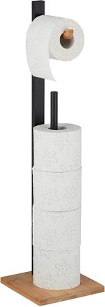 Relaxdays Freestanding Toilet Paper Holder, Bamboo, with Spare Roll Holder, 5 Rolls, HxBxT: 71x19x19 cm, Black-Natural, 1 Piece