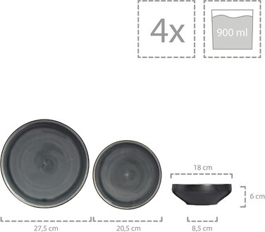 Набір посуду SÄNGER Helsinki 12 предметів: тарілки для їжі, сніданку та супу (4 особи), чорний з сірим акцентом, преміум-якість