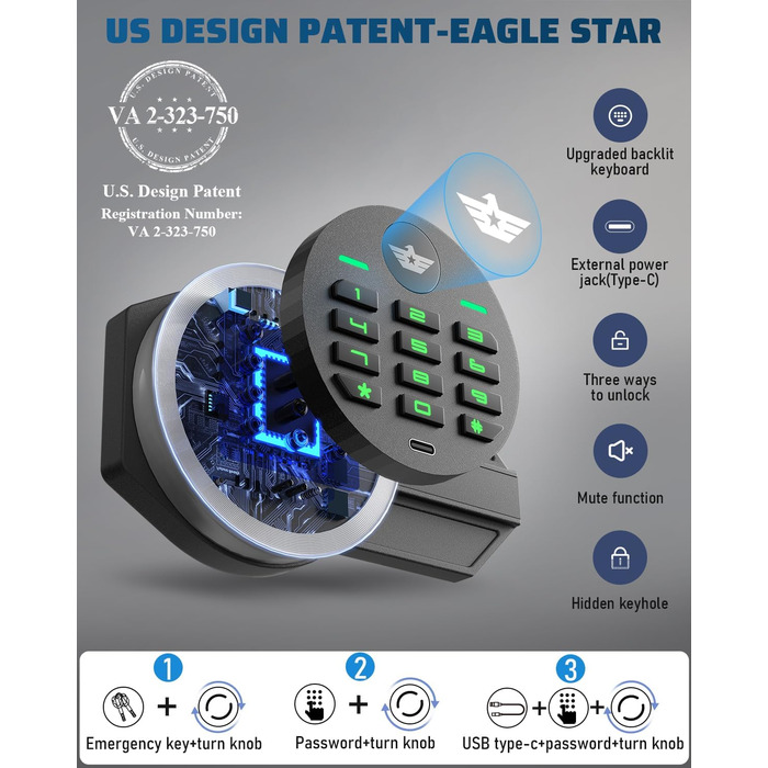 Сейф Kavey 42L з цифровим замком та подвійним сигналом тривоги, з LED-підсвіткою та висувним ящиком