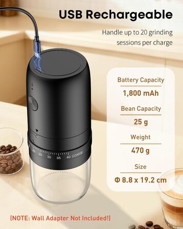 Електрична кавомолка Pawfly з керамічним жорном, 40 ступенів помолу, функцією Auto-Stop та щіткою для чищення. Професійна модель для подорожей та кемпінгу