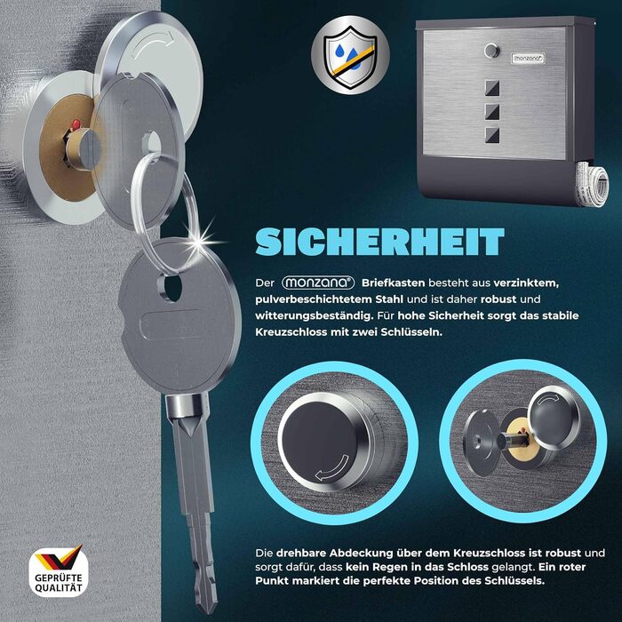 Поштовий ящик Monzana Kreuzschloss з мідним циліндром, поворотна кришка 31x10x34 см, вікно, табличка для імені, відділення для газет, сталь, 2 ключі, чорно-срібний