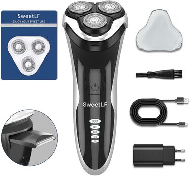 Електричний верстат для гоління SweetLF [2023 Neu] для чоловіків з 3D-головкою, LED-дисплеєм, 3 змінні голівки та зарядним пристроєм. Вологостійкий IPX7, чорний