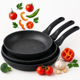 Набір сковорідок 3er – 20см, 24см, 28см – антипригарне покриття, сковорода для смаження – індукційне дно & PFOA-free – чорний гранітний дизайн