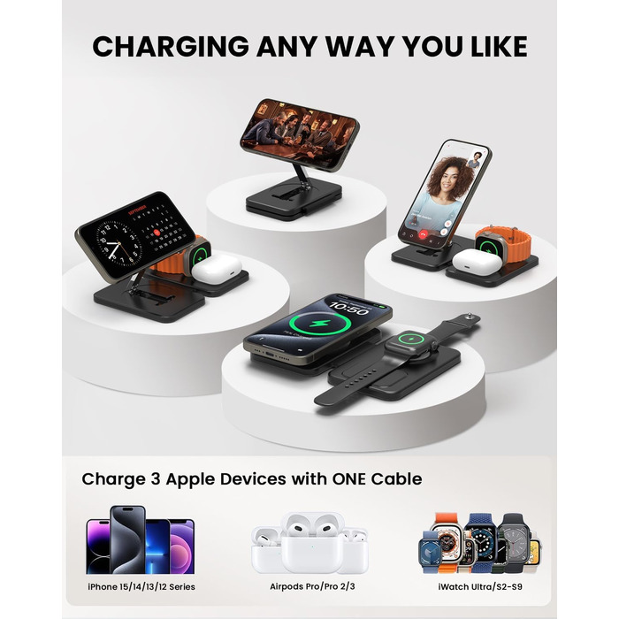 Зарядний пристрій GEEKERA MagSafe 3-в-1: для Apple Watch, iPhone та AirPods (чорний)