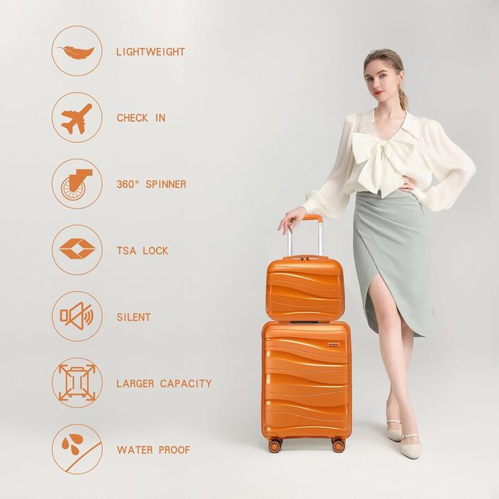 Чемодан-валіза KONO 55 см: легкий, з жорстким корпусом, TSA-замок, 4 колеса (2 шт. чорний, 2 шт. оранжевий)