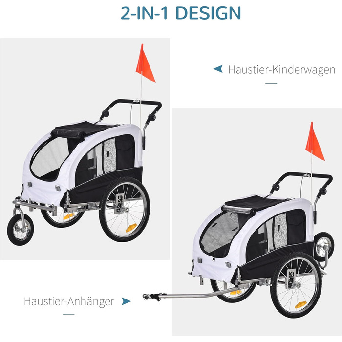 PawHut 2-в-1 Причіп для собак, велосипедний причіп для собак, візок для собак з відбивачами, прапором, причіп для собак PawHut, візок для собак, Oxford-тканина білий/чорний