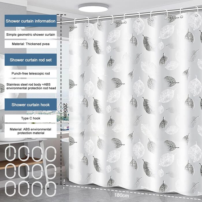 Шторка для душу 180x200 см антигрибкова, водовідштовхувальна, швидко сохне, текстиль, пральна машина, 12 гачків для ванної кімнати