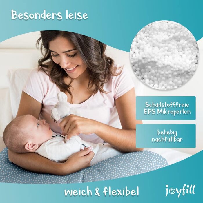 Подушка для годування та сну Joyfill® Premium 170 см з мікроперлинами, тиха та зручна, для вагітних і немовлят, дизайн Snow Flakes, 100% вироблено в Німеччині