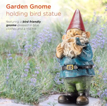 Alpine Corporation WAC406 Alpine Garden Gnome with Bird, Outdoor Decoration, 12 inches tall, red