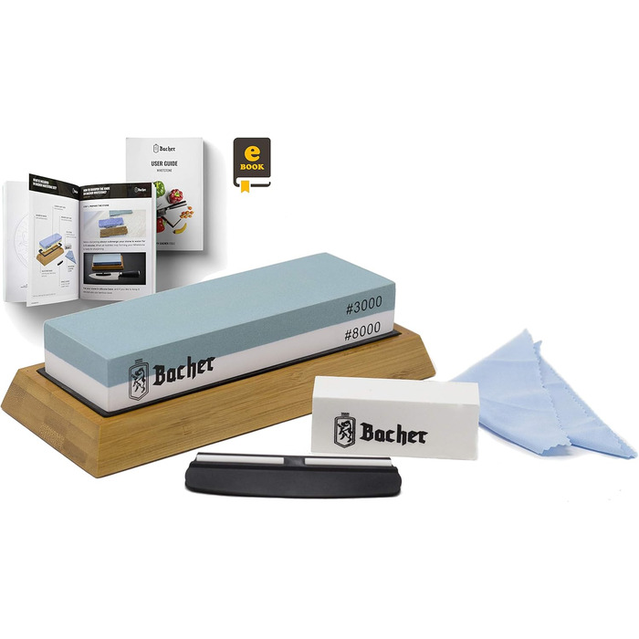 Преміум точильний камінь Bacher. Двосторонній, зернистість 400/1000. Точильний камінь для ножів з антиковзним бамбуковим блоком, для заточування ножів, з інструкцією. Зернистість 400/1000 (3000/8000)