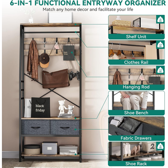 YITAHOME Entryway Storage Bench with Shoe Cabinet, Freestanding Mudroom Bench with Bank and 2 Folding Drawers, Industrial Coat Rack with 8 Hooks for Entryway Living Room Bedroom, Metal Frame, Rustic Brown