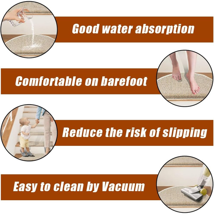 Qingbei Rina 22x65cm Non-Slip Stair Treads - 15 Piece Set - Adhesive Wood Step Mats for Indoor Safety & Floor Protection (Beige)