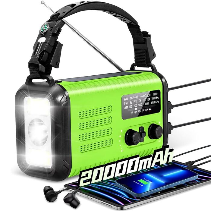 Сонячне радіо Kurbelradio з Powerbank 20000mAh, AM/FM/WB радіо, ліхтарик, зарядний пристрій USB-C, SOS-сигнал, компас, водонепроникне для відпочинку на природі, кемпінгу, екстрених ситуацій, зелений світло-зелений